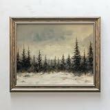 Winter Pine Forest Christmas Painting Print Art Rustic Landscape Poster Farmhouse Christmas Decor Winter Wall Art (8x10 inch Print Unframed)