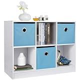 SUPER DEAL 6 Cube Storage Organizer 2 Tier Bookshelf with 3 Bins 3 x 2 Wood Open Shelf Cubby Bookshelves System Wide Toy Cabinet for Bedroom Living Room Kids, White/Light Blue 31.5 in Wide