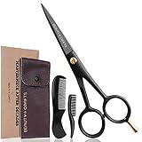 Beauty & Crafts- 5'' German Beard Mustache Scissors - 2 Mustache Comb for Facial Hair with Beautiful Pouch - Beard Trimming Scissors Use for Grooming, Cutting, and Styling of Mustache (Black)