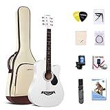 Lankro 38 inch Beginner Guitar White Acoustic Guitar Beginner kit Adult Cutaway Acoustic Guitar Guitarras Starter Set Bundle with Padded Gig Bag, Strap, Capo, Strings, Picks