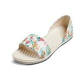 Joybees Women's Friday Flat - Ballet Flats for Women, Cute & Casual Dress Shoes, Comfortable Rubber Foam Sandals for Work, Walking, Gardening, Waterproof, Non Slip - Tropical Palm/Bone, Women's Size 9