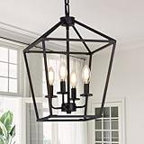 4 Light Chandelier, Industrial Ceiling Light Black Lantern Light Fixtures with Farmhouse Metal Cage Adjustable Height Rustic Geometric Hanging Light E12 Base for Kitchen Island, Entryway, Indoor