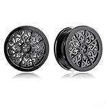 MOQIKAKA 2PCS Black Floral Plugs Tunels Gauuges for Stretched Ears, Stainless Steel Ear Gauges Plugs Tunnels 10mm/00g Body Piercing Jewelry for Women Men