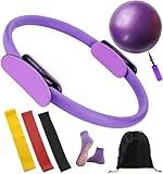 Pilates Ring and Ball Set 12 Inch Magic Circle Pilates Ring with 3 Resistance Bands Home Pilates Kit for Women Workouts Pilates Set for Beginners, Fitness Essentials Starter Set Gift (Purple)