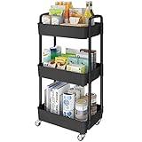 Laiensia 3-Tier Kitchen Storage Cart,Multifunction Utility Rolling Storage Organizer,Mobile Shelving Unit Cart with Lockable Wheels for Bathroom,Laundry,Living Room,With Classified Stickers,Black