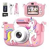 FUNKAM Kids Camera Toys for Girls and Boys Age 3-14, Kids Digital Camera Toddler Birthday Gifts, HD 1080P - Video Camera with Cute Unicorn Protective Cover, 32GB SD Card, Lanyard & Pen Drive (Pink)