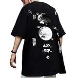XYXIONGMAO Moon Space NASA Tshirt Techwear Shirt Japanese Streetwear Hip Hop Shirts Men Graphic T Men's Loose Couple T-Shirt Goth Black Tee (Black, XL)