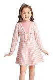 SMILING PINKER Girls Dresses Houndstooth Knitted Sweater Flare Winter Dress Mock Neck (Pink, 6-7 Years)