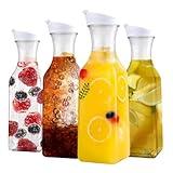 Set of 4 Plastic Carafe with Lid, 50 Oz Carafes for Mimosa Bar, Square Base Juice Containers, Water Bottle, Milk Container, Clear Beverage Containers for Fridge