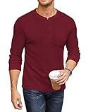 COOFANDY Men's Henley Shirts Long Sleeve Basic Waffle Pique Pullover T-Shirt with Pocket Christmas Sweater Red