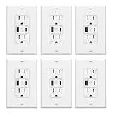ThunderWay USB Outlet, 15 Amp Wall Outlet with USB Ports, 21W Charging USB C Outlets Receptacles with Type A & Type C Ports, Tamper Resistant, Wall Plate Included, ETL Listed, White, 6 Pack