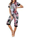 Ekouaer Women's Pajama Sets Short Sleeve Sleepwear Round Neck Pj Loungewear Top and Capri Pants with Pockets