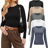 CE' CERDR 3/5 Pack Womens Long Sleeve Shirts Crew Neck Basic Tees Tight Fitted Casual Going Out Stretchy Slim Tops