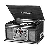 Victrola The Quincy 6-in-1 Bluetooth Record Player & Multimedia Center with Built-in Speakers – 3-Speed Turntable, CD & Cassette Player, AM/FM Radio, Wireless Music Streaming (Grey Wood)