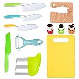 RISICULIS 11 Pieces Wooden Kids Kitchen Knife, Kids Kitchen Set Include Wood Knife, Serrated Edges Plastic Toddler Knife, Crinkle Cutter, Sandwich Cutter, Y Peeler, Cutting Board