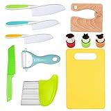 11 Pieces Wooden Kids Kitchen Knife, Kids Knife Set Include Wood Kids Knife, Serrated Edges Plastic Toddler Knife, Crinkle Cutter, Sandwich Cutter, Y Peeler, Cutting Board