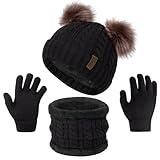 3 Pcs Kids Winter Beanie Hat Scarf Gloves Set for Girls Boys Knit Warm Pompom Toddler Hat Mittens Neck Warmer