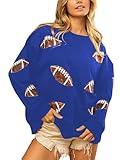 ChiyeeKiss Womens Sparkle Football Sequin Rugby Sweatshirt Game Day Y2K Crewneck Oversized Shirt Long Sleeve Fleece Pullover(0508-Blue-M)