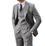 Retro 3 Piece Suit Tweed Herringbone Men's Suits Slim Fit Groom Tuxedos Set Prom Brown Grey Jacket Blazer Vest Pants Light Grey M