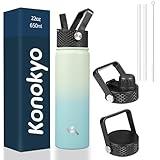 Konokyo 22oz Stainless Steel Water Bottles With 3 Lids Sport Insulated Water Bottle,Mint