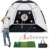 MoKo Golf Net with Practice Mat, 10 x 7 ft Golf Hitting Net for Outdoor Indoor Backyard Driving Chipping Swing Training, All-in-One Multi-Target Training Aid Practice Nets with Tri-Turf Mat & Balls