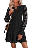 PRETTYGARDEN Women's 2024 Long Sleeve Mini Dress Eyelet V Neck A Line Casual Elegant Holiday Wedding Guest Party Dresses (Black,Small)