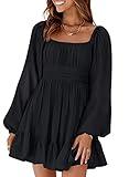 Dokotoo Square Neck Fall Dresses for Women Fashion 2024 Tie Back Lantern Long Sleeve Wedding Guest Dress Ruffle A-Line Beach Dress Elastic Waist Mini Casual Dress Black X-Small