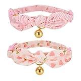 YUDOTE Cotton Bowtie Cat Collar with Bell 2 Pack Adjustable Breakaway Kitten Collars with Removeable Bow Pink Girl Cat Collars