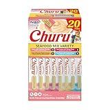 INABA Churu Cat Treats, Grain-Free, Lickable, Squeezable Creamy Purée Cat Treat/Topper with Vitamin E & Taurine, 0.5 Ounces Each Tube, 20 Tubes, Seafood Variety Box