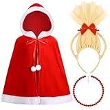Clovilet 3 Pcs Christmas Costume Accessories Include Blonde Pigtails Headband Red Velvet Shawl and Necklace for Xmas Party Holiday Book Character Dress up