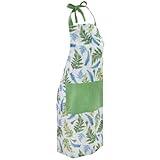Boston International Apron with Front Pocket Premium Cotton Kitchen Cooking Baking Gifts Aprons, One Size Fits Most, Arwea White with Blue and Green Fronds