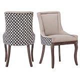 Aoowow Fabric Vintage Upholstered Side Chairs Set of 2, Farmhouse Solid Wood Kitchen Dining Room Chairs with Nailheads Legs (Fabric Beige Patterned)