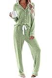 Aamikast Pajama Set for Women Button Down Soft Long Sleeve Pjs Sleepwear Sets (Light Green,L)