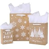 SUNCOLOR 9 Pack Christmas Gift Bags Assorted Sizes With Tissue paper (3 Large 13", 3 Medium 9", 3 Small 6", Brown&White)