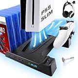 SIKEMAY PS5 Slim Stand Cooling Station for PlayStation 5 Slim Console Vertical Accessories with 2H Fast Dual Controller Charging and Silent Fan, 3 USB Hub, 14 Game Slots, 2 Headset Holder, Black