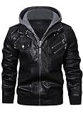 HOOD CREW Men’s Casual Stand Collar PU Faux Leather Zip-Up Motorcycle Bomber Jacket With a Removable Hood