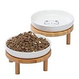 Lusifaco Shallow Elevated Cat Bowls,5.9 Inch Wide Raised Ceramic Cat Dishes with Bamboo Stand, Whisker Friendly Pet Water or Food Plates Feeding Station for Indoor Cats, Kitten(White,Set of 2)