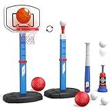 HYES 2 in 1 Kids Basketball Hoop and T Ball Set - Adjustable Height, Kids Baseball Tee with Automatic Pitching Machine, Indoor Outdoor Sport Toys Gifts for Toddler Boys Girls Age 1-5, Blue