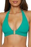 BECCA Women's Standard Modern Edge Halter Bikini Top, Adjustable, Tie Back, Swimwear Separates, Peacock