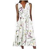 Lighting Deals Women's Summer Design Casual Dress Sleeveless V-Neck Dress with Pockets Loose Flowy Swing Pleated Long Beach Dress Summer Dresses for Women 2024 Vacation Multicolor M