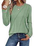 ATHMILE Womens Long Sleeve Shirts Pleated Crew Neck Casual Fall Fashion Tops Loose Fit Lightweight Girls Outfits Clothes
