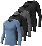 NebuKinex 5 Pack Women's Compression Shirt Long Sleeve Workout Tops Athletic Baselayer Quick Dry Gym Yoga Running T-Shirt 3Black/Grey/Blue L