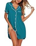 Ekouaer Nightgowns for Women Button Up Sleepshirt Short Sleeve Nightshirt V Neck Pajama Dress Sleepwear Blue Green M