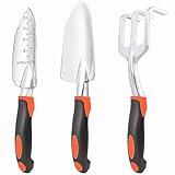 Garden Tools Set, 3 Pack Heavy Duty Gardening Tools Set Include Garden Shovel, Transplant Trowel and Hand Rake with Ergonomic Handle, Aluminum Alloy Lawn for Planting, Orange