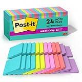 Post-it Super Sticky Notes, 24 Sticky Note Pads, 3 x 3 in., School Supplies, Office Products, Sticky Notes for Vertical Surfaces, Monitors, Walls and Windows, Supernova Neons Collection