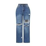 THUNDER STAR Womens High Waisted Wide Leg Jeans Stretchy Distressed Denim Pants Blue M