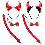 6 Pcs Halloween Devil Horns Headband Bow Tie Tail Red Devils Ears Hair Hoops Bands Bowtie Animal Cow Headpiece Hairband Women Christmas Holiday Festival Dress Up Cosplay Birthday Party Accessories