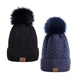 Alepo Womens Winter Beanie Hat, Warm Fleece Lined Knitted Soft Ski Cuff Cap with Pom Pom (Black+Denim)