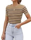 ZESICA Women's Short Sleeve Crewneck Striped T Shirt 2025 Summer Ribbed Knit Slim Fit Casual Basic Tee Tops,Toffee,Medium