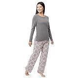 Fruit of the Loom Women's Sueded Jersey Crew Top and Fleece Pant Sleep Set, Heather Grey/Snowflake